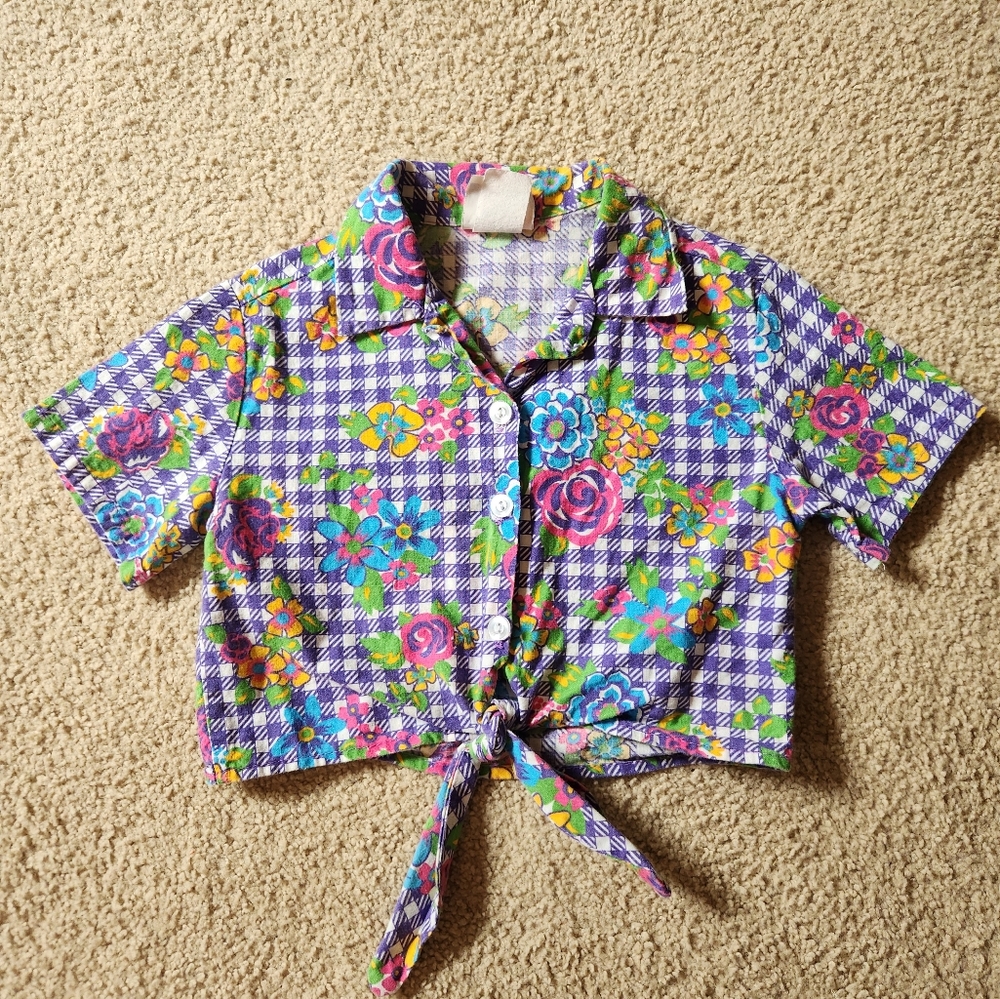 Vintage Girls Size 5 Purple Gingham And Floral Top